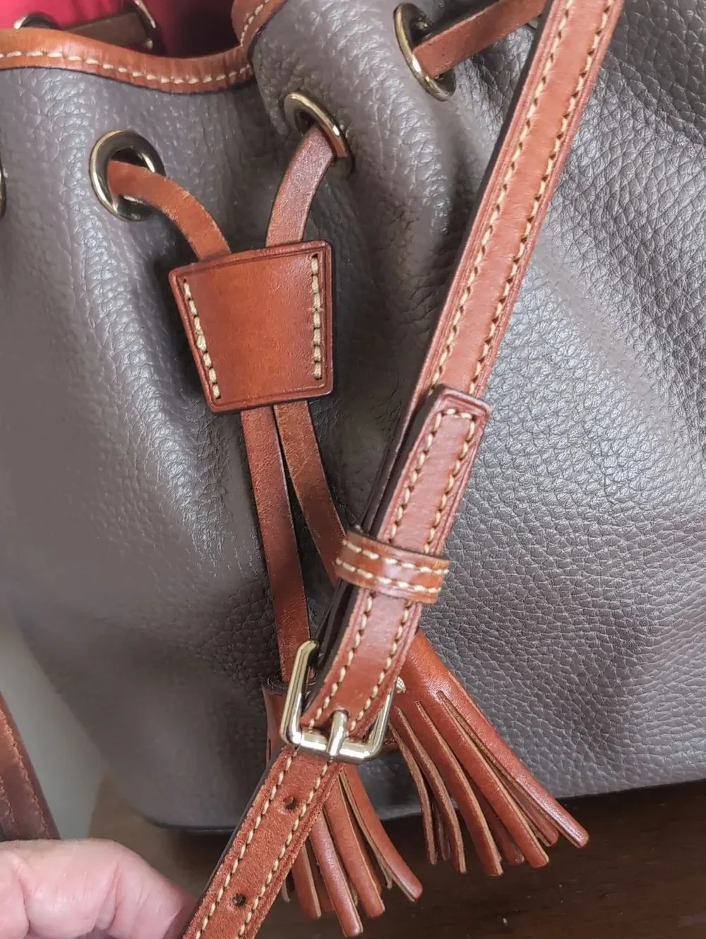 Dooney & Bourke Tasseled Leather Drwstring Bucket Shoulder Bag Taupe/British Tan